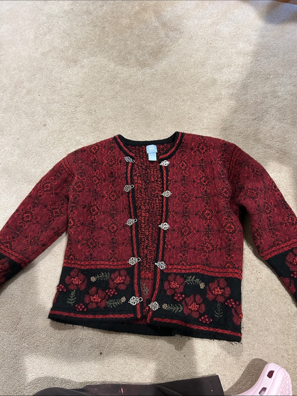 Red Embroidered Knit Cardigan with Decorative Closures